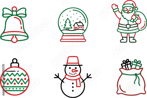 A cheerful collection of six two-color outline vector icons representing Christmas holiday symbols and characters
