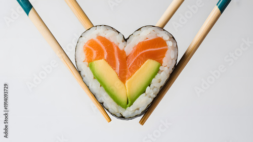 Heart shaped sushi roll with salmon and avocado on white background
