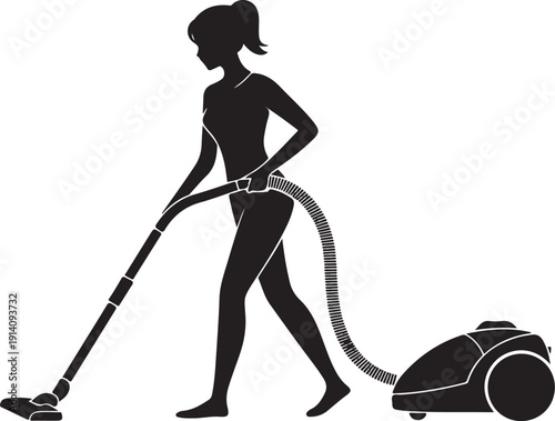Black silhouette female pushing vacuum cleaner cleaning