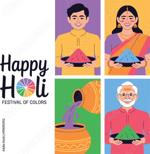 Happy Holi Festival of Colors Illustration with People and Powder
