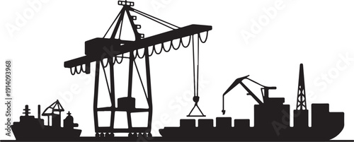 Black Silhouette Industrial Port with Cranes and Ships