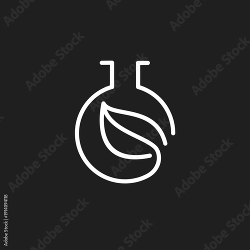 Laboratory Flask with Green Leaf Line Icon on Black Background for Natural Science Research