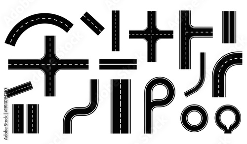 Road segment vector icons intersections roundabout curved highway lanes