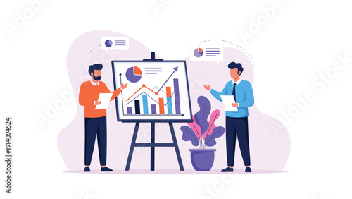Business consultants discussing market performance and growth strategies using a large presentation board with colorful charts and graphs.