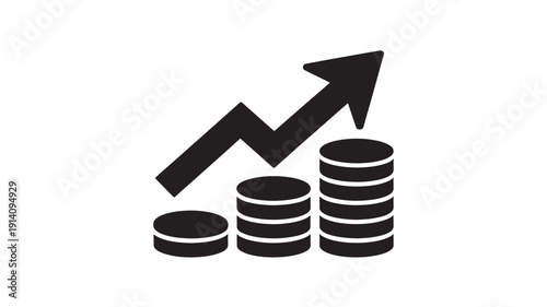 Stacks of coins with increasing graph arrow in simple flat design on white background for financial growth