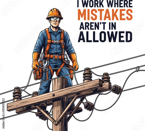 Electrical Lineman Standing on Utility Pole Vector Art