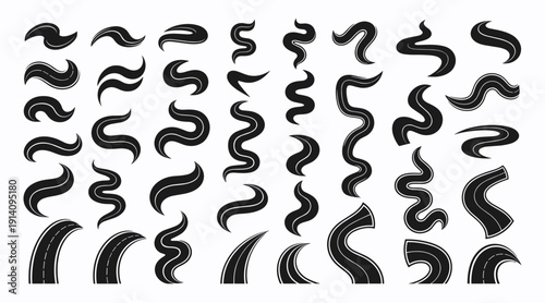 Winding road symbols and curved path icons set for map navigation design