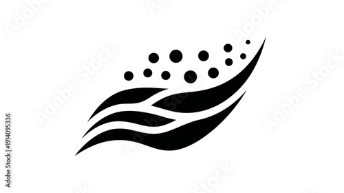 Abstract black and white flowing wave pattern with rising particles. Modern minimalist graphic design element for freshness or organic concepts.