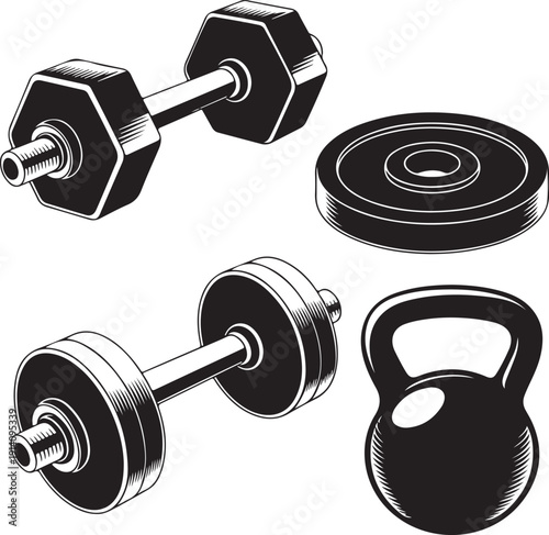 black and white illustration of dumbbells and weights for gym workout