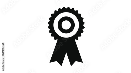 Award ribbon rosette icon. Black symbol of achievement, quality, success, winner, best, guarantee, and certification on white.