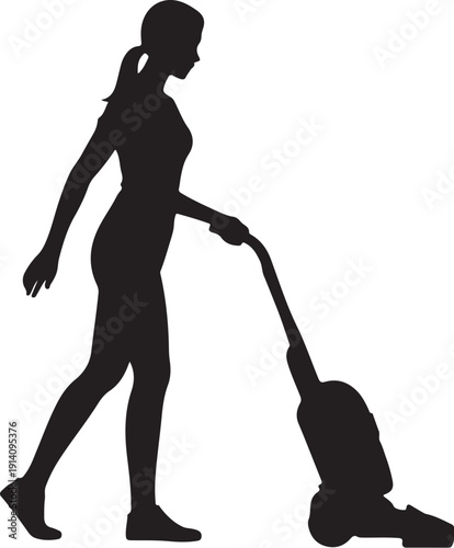 Black silhouette of a woman vacuuming with a vacuum cleaner