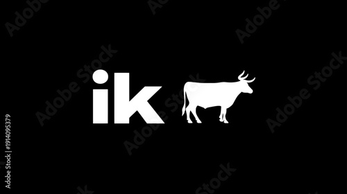 Stylized 'ik' initialism and elegant cow silhouette in a minimalist black and white graphic design concept