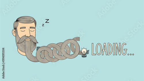 Sleeping man with a large beard that transforms into a long winding loading bar with a light bulb at the end in this conceptual illustration.