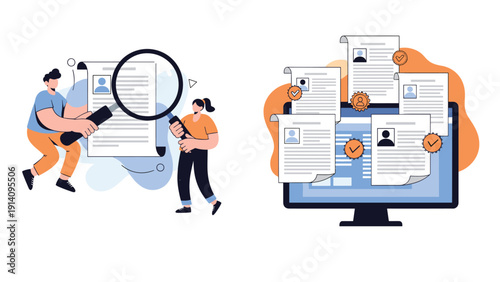 Recruitment team screening candidates and approving resumes using magnifying glasses and a digital tracking system in a modern HR office.