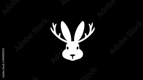 Minimalist white jackalope head with antlers on black background. Mythical rabbit creature graphic design illustration.
