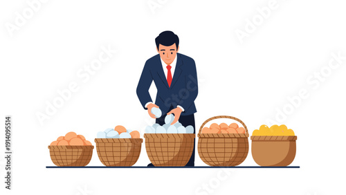Professional businessman in a suit carefully organizing different types of eggs into several brown wicker baskets at work.