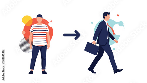 Infographic showing the transformation of a man from casual clothes to a professional business suit with a briefcase after a career change.