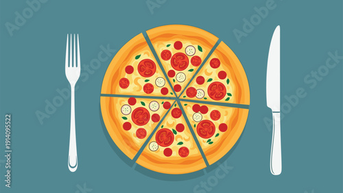 Delicious pepperoni pizza sliced into portions on blue background with white cutlery set on both sides of the round plate.