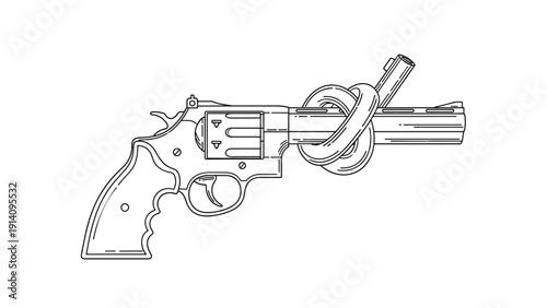 Black and white line art of a revolver handgun with a tight knot tied in its long barrel symbolizing peace and non-violence.