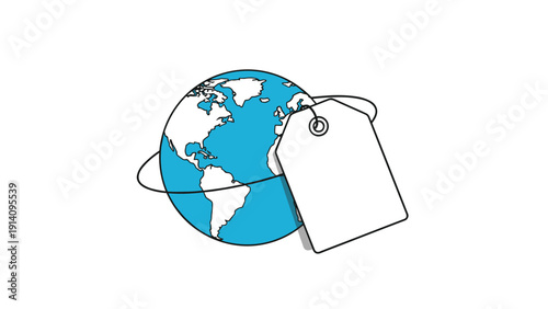 Planet earth globe with a large white price tag attached to a string symbolizing the commercialization of our entire world.