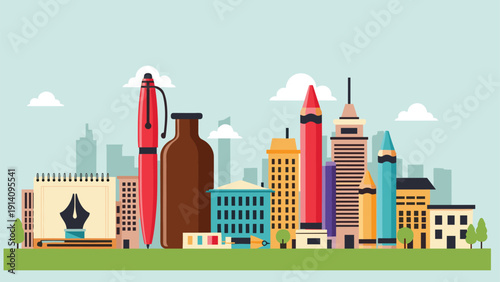 Creative urban skyline illustration where skyscrapers are represented by giant pens, pencils, ink bottles, and crayons.