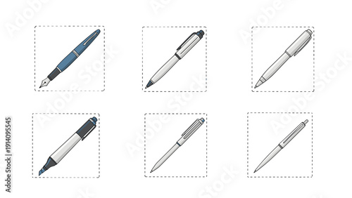 Collection of six various pens and markers including a fountain pen, ballpoint, and highlighter arranged in a grid layout.