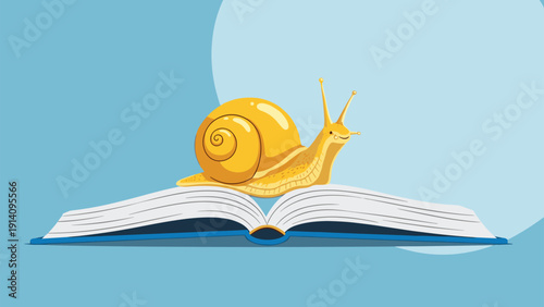 Large yellow snail slowly crawling across the pages of an open blue book against a light blue circular background shape.