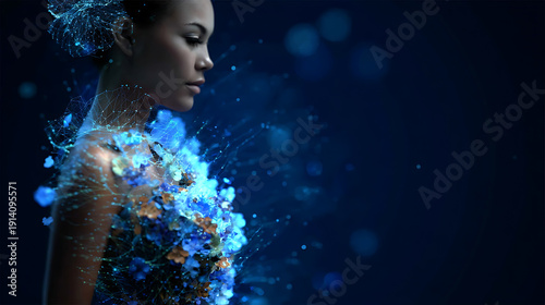 A woman enveloped in digital flowers, embodying the fusion of nature and technology, with a captivating aura of beauty and innovation.
