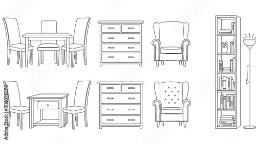Collection of various furniture pieces in simple black line art including tables, chairs, dressers, and tall bookshelves.