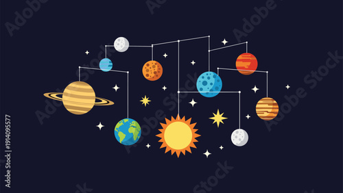Decorative mobile of the solar system featuring the sun and several planets including saturn with rings against dark space.