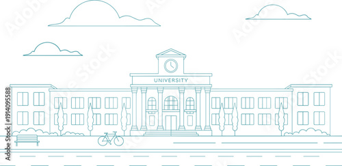 University campus building line art vector illustration with classical architecture facade and educational institution exterior