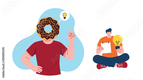 Creative illustration of one man with a donut for a head having an idea while another man sits nearby with a large lightbulb.