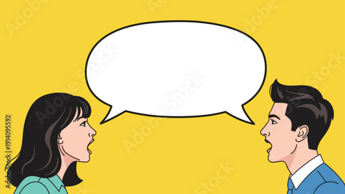 Profile of a man and a woman shouting at each other with a single large shared speech bubble on a bright yellow background.