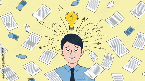 Stressed businessman in a blue shirt overwhelmed by flying paperwork while a yellow lightbulb idea glows above his head.