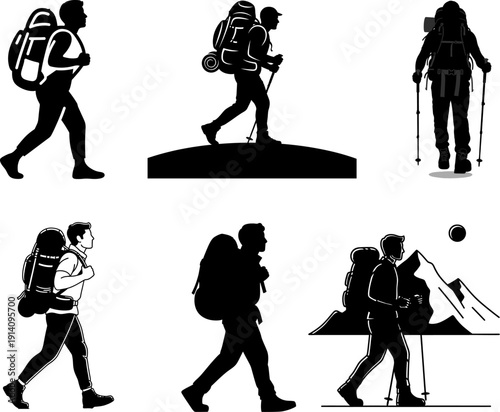 Silhouette of people hiking and trekking in various poses