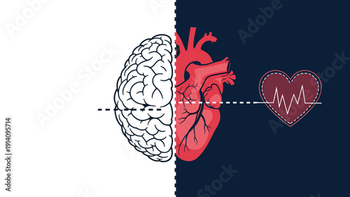 Conceptual split illustration showing half of a human brain and half of a heart with a pulse line on a dark background.