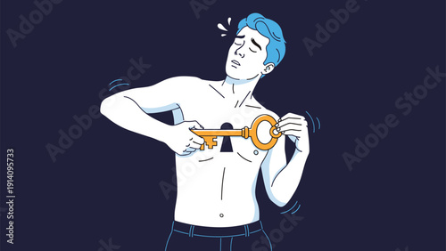 Shirtless man with a blue skin tone trying to insert a large golden key into a keyhole located in the middle of his chest.