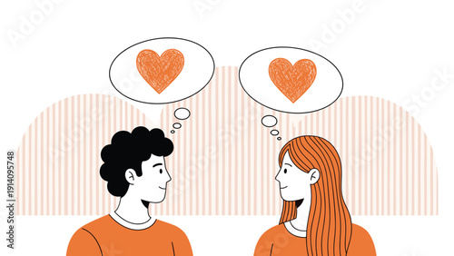 Young man and woman looking at each other with love as orange heart symbols appear in thought bubbles above their heads.
