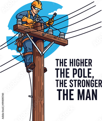 Electric Lineman Working on Utility Pole Vector Illustration