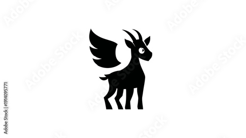 Mythical winged goat silhouette icon. Fantasy animal symbol with horns and wings on a white background.