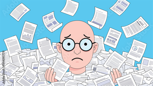 Overwhelmed bald man with glasses looks stressed while being buried in a mountain of floating and scattered office paperwork.