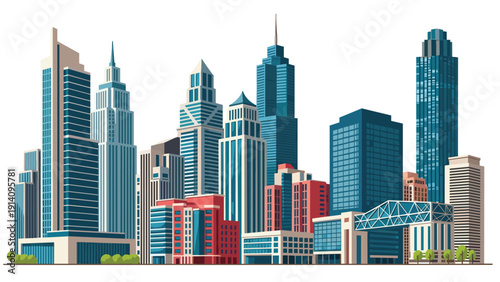 Detailed illustration of a modern city skyline with various tall skyscrapers and colorful office buildings in a flat design style.