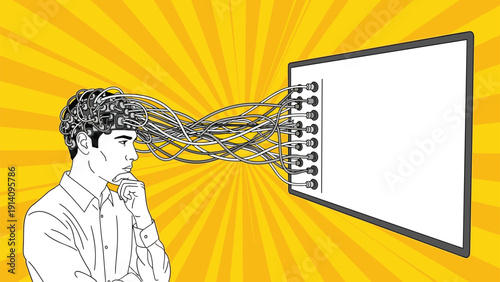Thinking man with wires connecting his brain to a large rectangular board against a dynamic yellow and orange sunburst background.