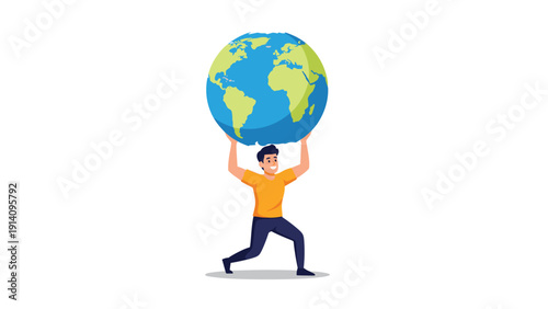 Strong man in an orange shirt lifts the globe of Earth above his head with effort and a smile on a clean white background.
