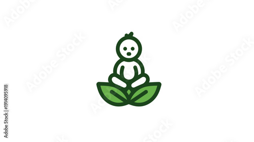 Cute baby icon meditating on green leaves, symbolizing natural health, organic growth, peaceful childhood, and eco-friendly care