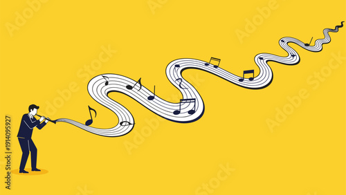 Musician plays a flute that produces a long winding road of sheet music with notes floating along its path against a yellow background.