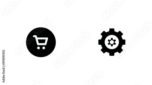 E-commerce shopping cart and settings gear icons. Online store management, customization, and user interface symbols on white background.