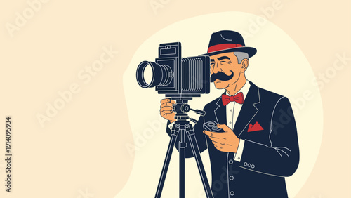 Senior gentleman with a mustache and a hat carefully operates a vintage large-format camera on a tripod for a professional photo shoot.