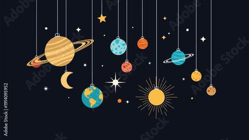 Beautiful hanging mobile of planets from our solar system including Earth and Saturn glows against a dark starry night sky background.