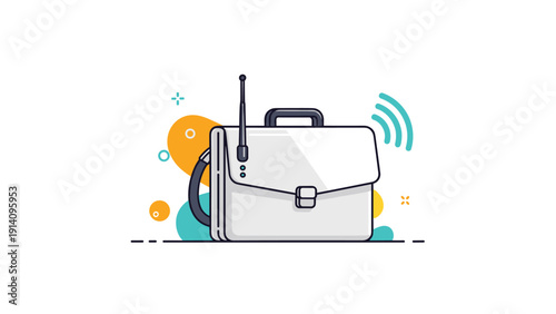 White briefcase equipped with a radio antenna and emitting signal waves is set against a colorful abstract background with orange and teal circles.